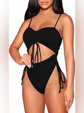 Viottiset Women's Cut Out Drawstring One Piece Swimsuit Cheeky High Cut Suit L